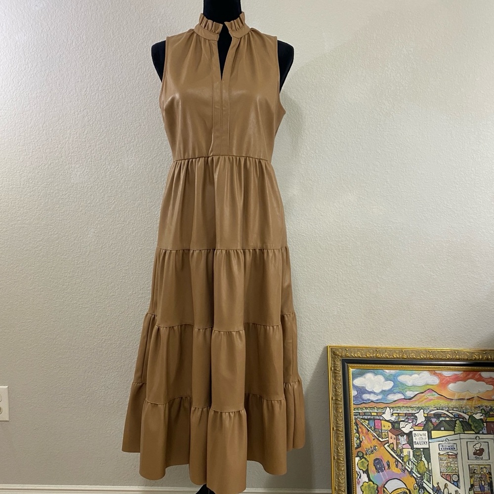 Fate Sleeveless Brown Faux‎ Leather Tiered, Ruffle Neck Long Dress